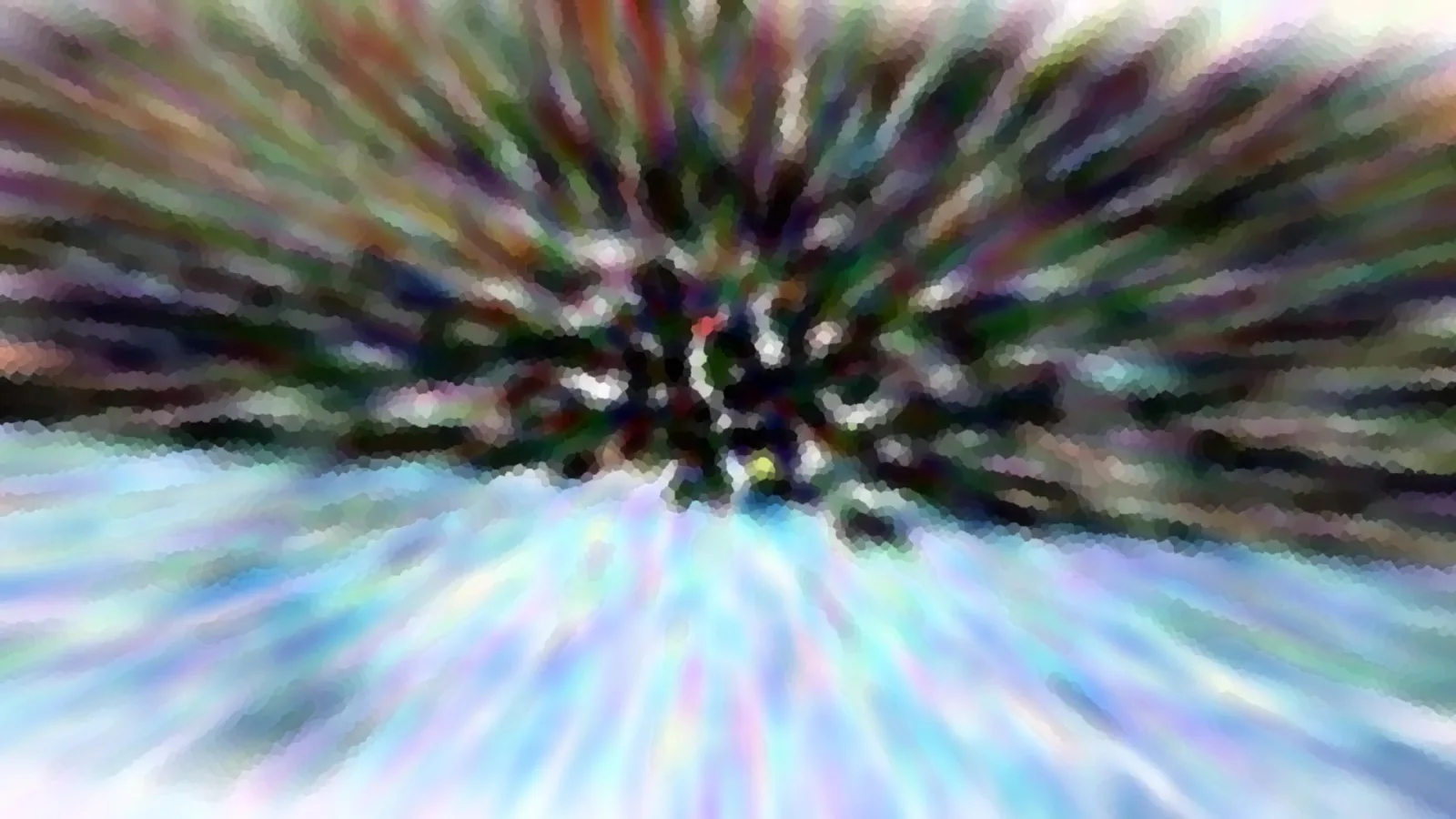 Abstrakte Komposition aus verwischten, radial nach außen laufenden Farbstreifen in Grün, Violett und Hellblau um ein dunkles Zentrum
