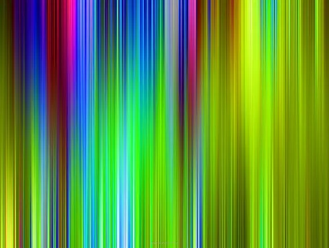 Abstrakte Komposition aus dicht nebeneinanderliegenden, vertikalen Streifen in Blau, Grün, Gelb, Rot und Magenta, die nach unten hin verlaufen und verwischt wirken.