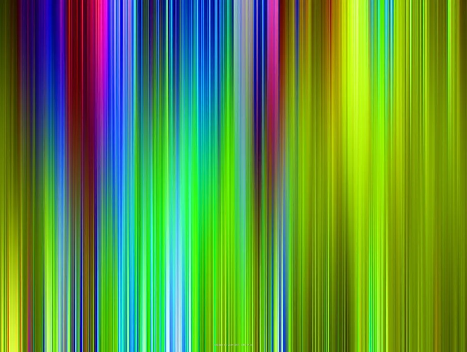 Abstrakte Komposition aus dicht nebeneinanderliegenden, vertikalen Streifen in Blau, Grün, Gelb, Rot und Magenta, die nach unten hin verlaufen und verwischt wirken.