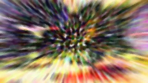 Abstrakte Komposition aus bunten Farbschlieren, die radial von einer dunklen Mitte nach außen laufen.