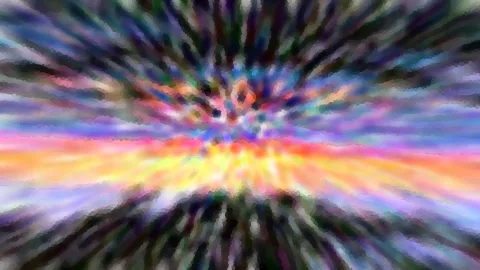 Abstraktes Bild mit einem farbigen Zentrum, von dem Schlieren in Blau, Violett und Grün nach außen laufen, unterbrochen von einem orangegelben Lichtband in der Mitte.