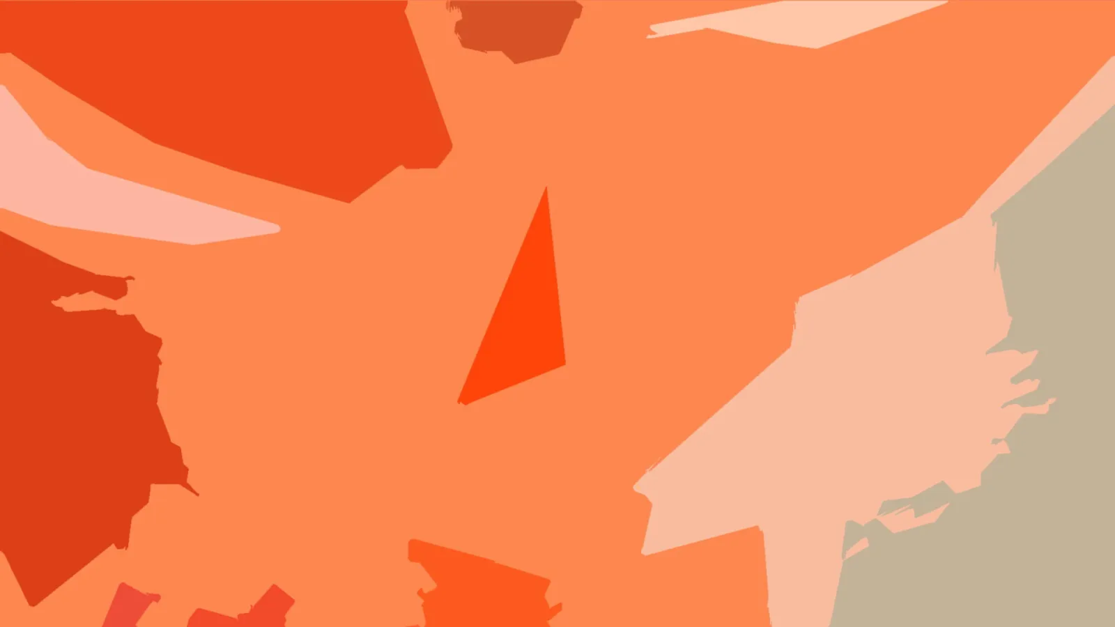 Abstrakte Komposition aus orangefarbenen, rosafarbenen und graubeigen Flächen mit einem roten Dreieck in der Mitte.