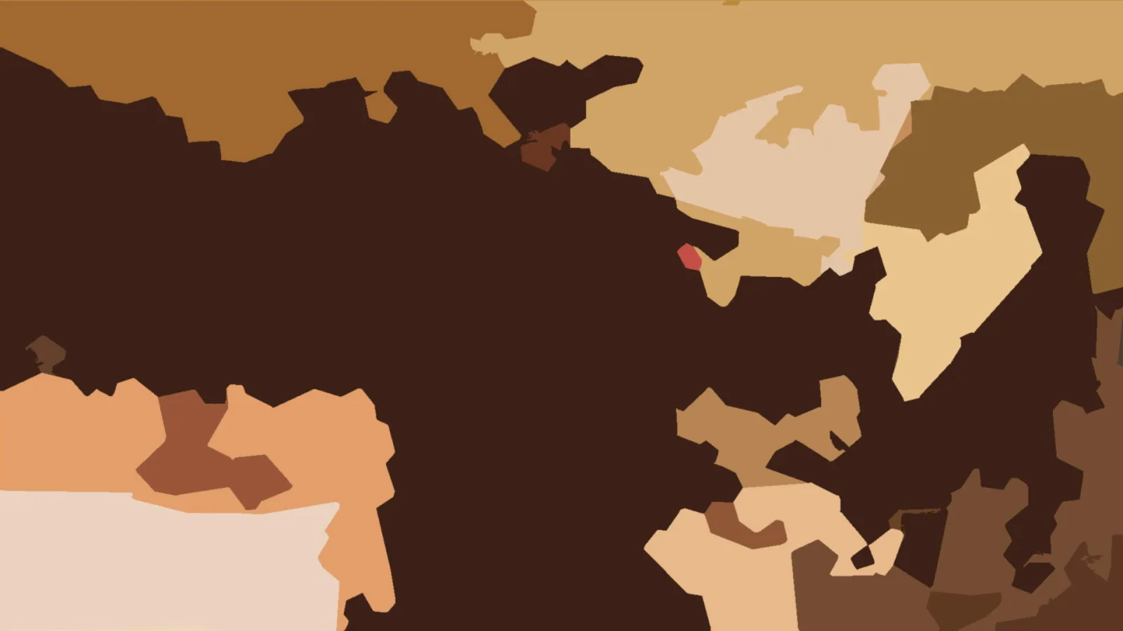 Abstrakte Komposition aus scharfkantigen Flächen in Braun, Beige und Creme auf dunkelbraunem Grund, mit einem kleinen roten Akzent.