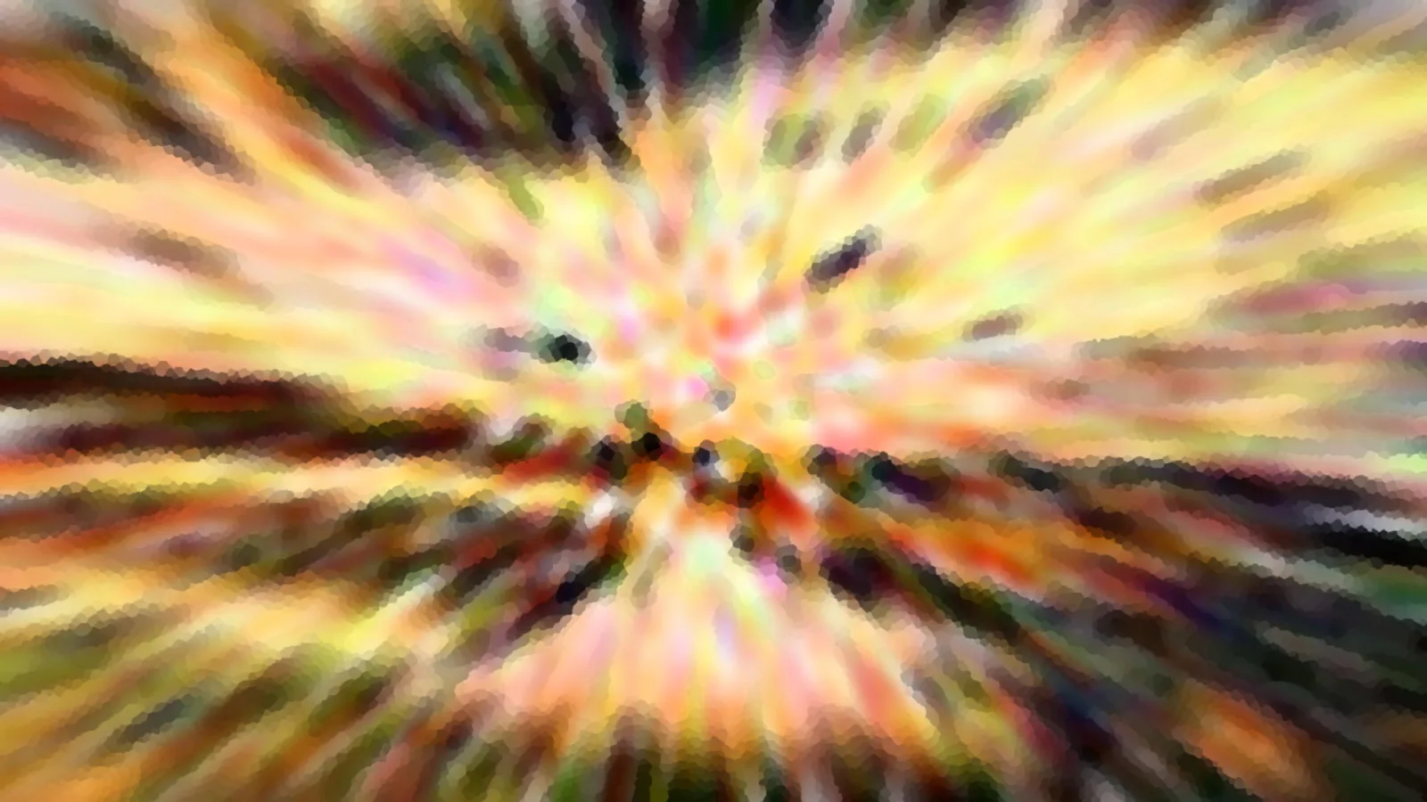 Abstraktes Bild mit radial von einem hellen Zentrum ausgehenden Streifen in Gelb, Rot, Dunkelgrün und Schwarz, mit grobem Mosaikmuster.