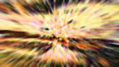 Abstraktes Bild mit radial von einem hellen Zentrum ausgehenden Streifen in Gelb, Rot, Dunkelgrün und Schwarz, mit grobem Mosaikmuster.