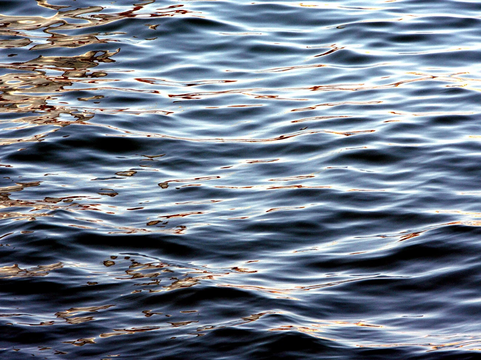 Nahaufnahme einer bewegten Wasseroberfläche mit dunkelblauen Wellen und goldfarbenen Lichtreflexen, besonders links oben.
