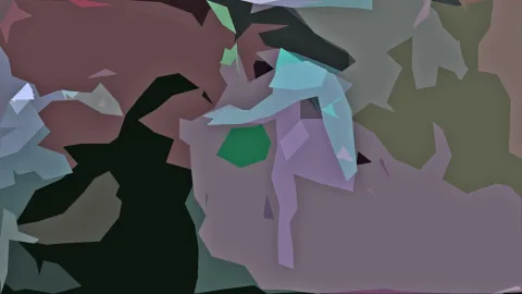 Abstrakte Komposition aus flachen, kantigen Farbflächen in Rostrot, Schwarzgrün, Pastellblau, Mint und Mauve.