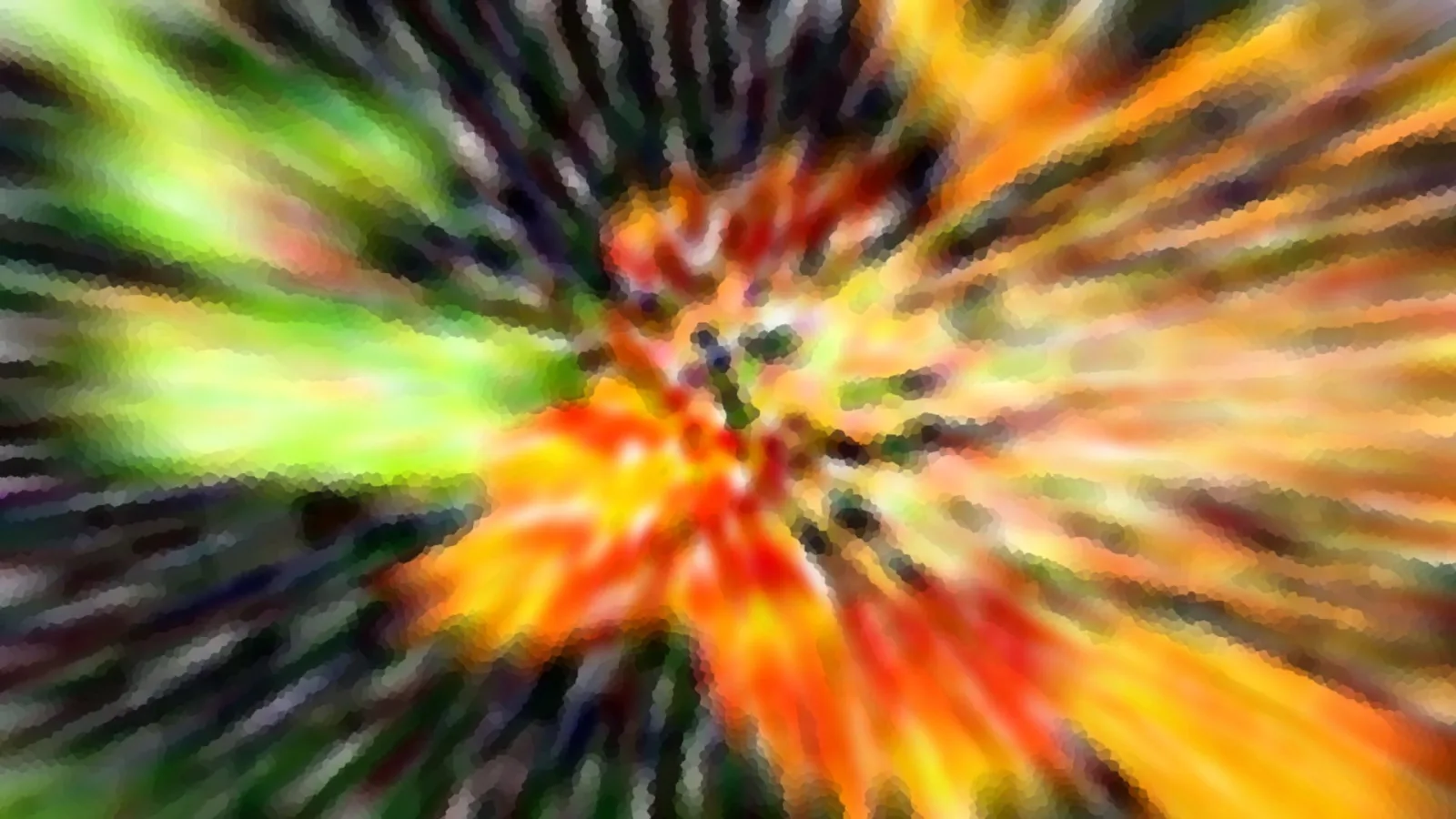 Abstraktes Bild mit Streifen in Orange, Gelb, Grün und Schwarz, die radial von der Mitte nach außen laufen.
