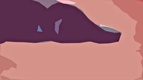 Dunkel violette, unregelmäßige Fläche mit kleinen blauen und lavendelfarbenen Dreiecken auf lachsrosafarbenem Hintergrund