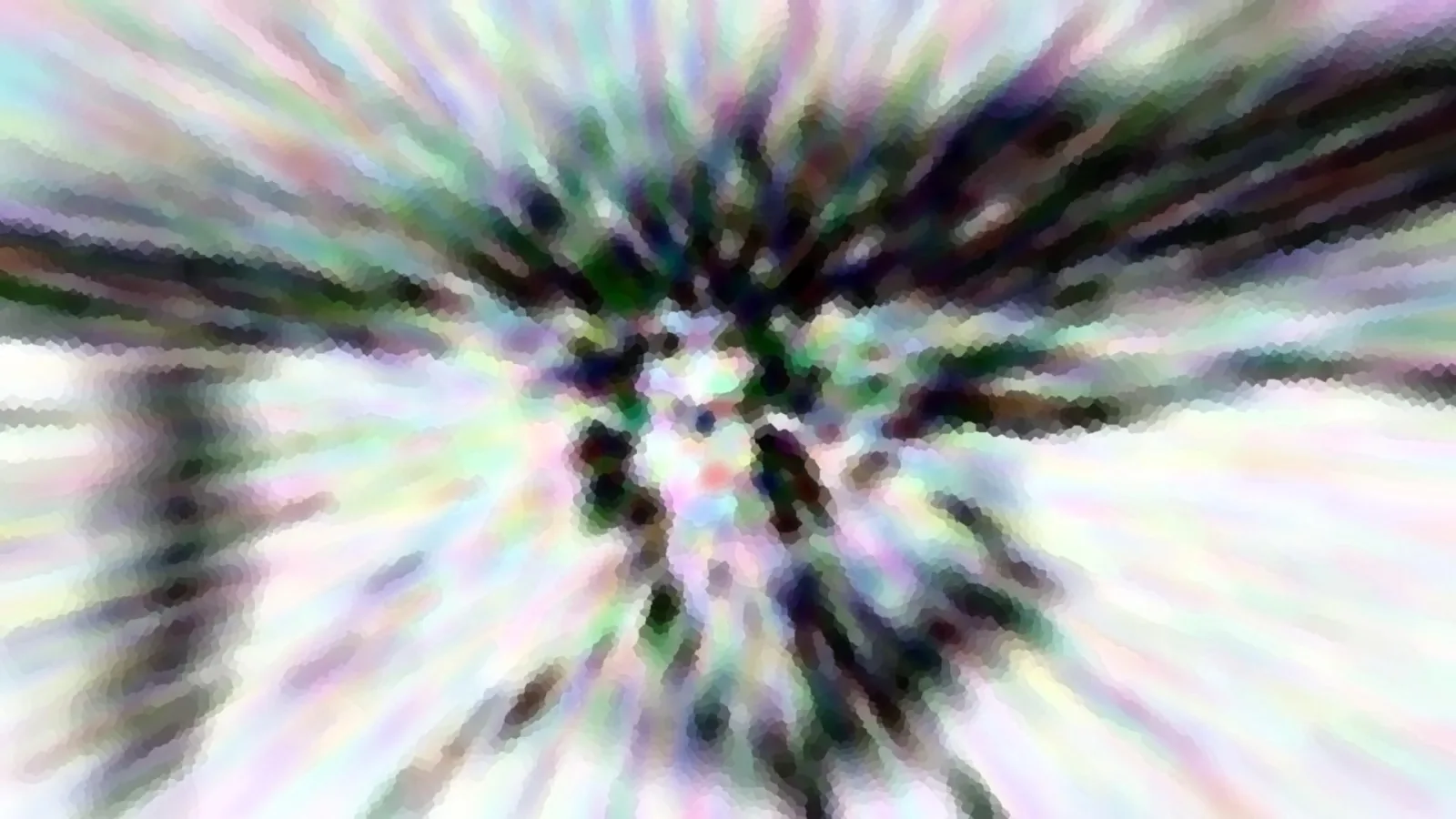 Abstrakte Komposition aus radial angeordneten, bunten Streifen mit dunklem Zentrum und pixeligem Mosaik-Muster.