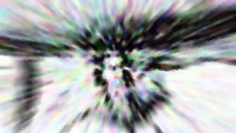 Abstrakte Komposition aus radial angeordneten, bunten Streifen mit dunklem Zentrum und pixeligem Mosaik-Muster.