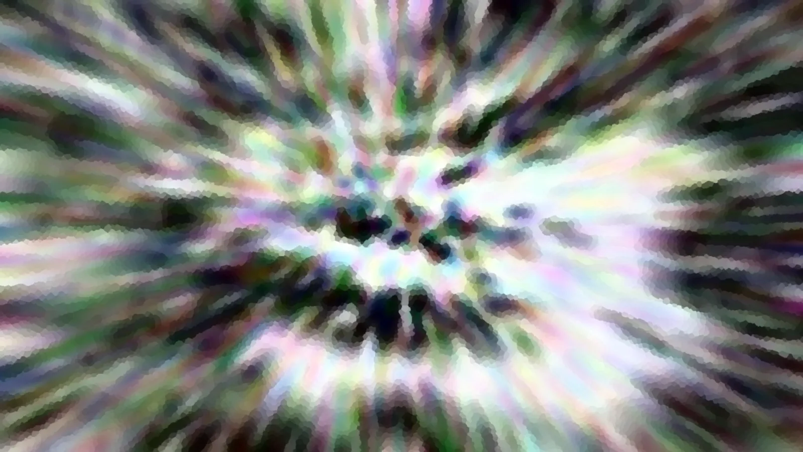 Abstrakte Komposition aus bunten Streifen in Grün, Rosa, Violett und Weiß, die von einem dunklen Zentrum radial nach außen strahlen. Die Kanten wirken pixelig und mosaikartig.