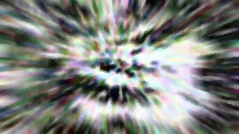 Abstrakte Komposition aus bunten Streifen in Grün, Rosa, Violett und Weiß, die von einem dunklen Zentrum radial nach außen strahlen. Die Kanten wirken pixelig und mosaikartig.