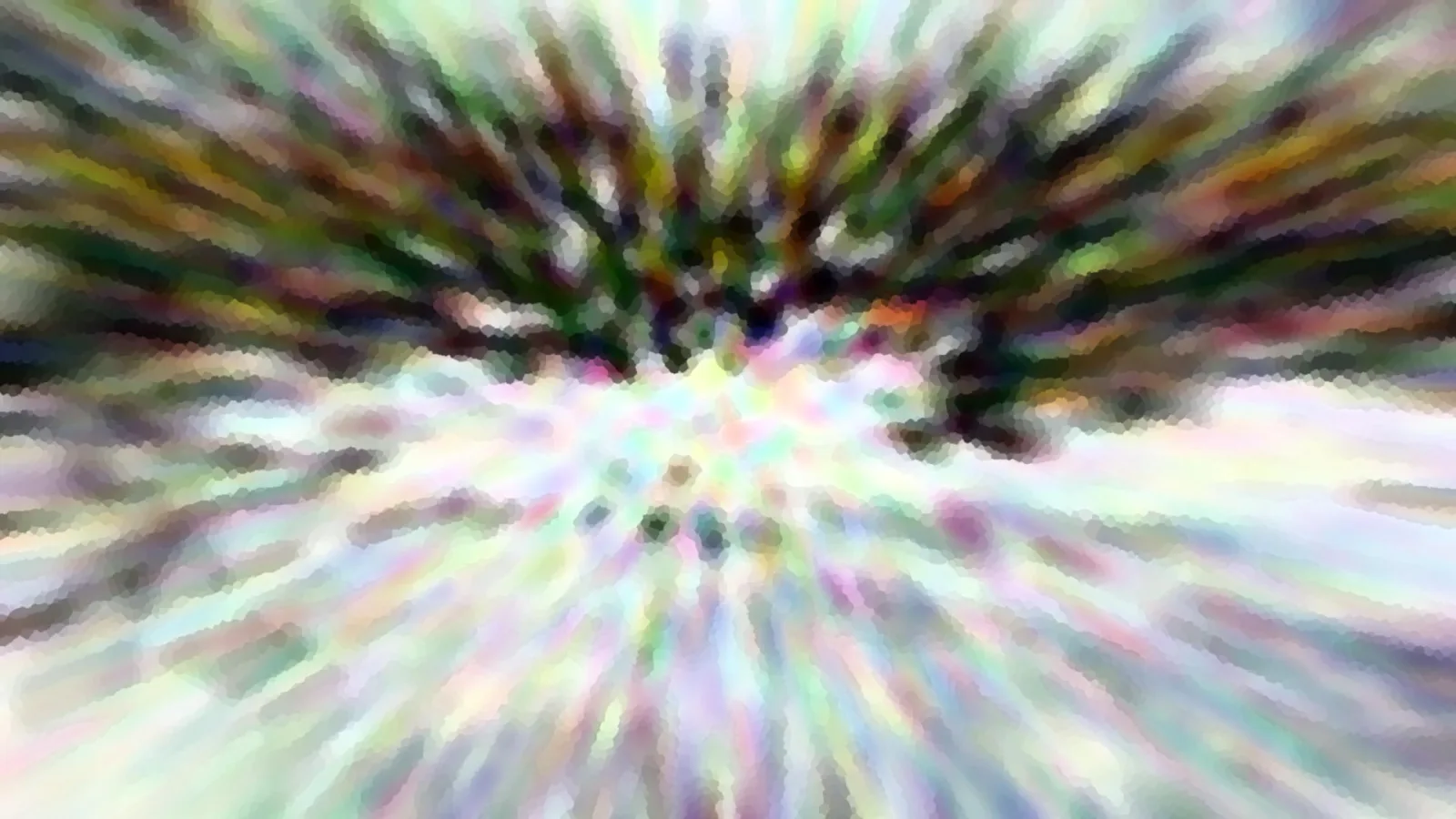 Abstrakte Komposition mit radialem Zoomeffekt in Pastellfarben, dunkle grüne Strukturen oben, helle bunte Streifen unten, mosaikartige Pixelung.