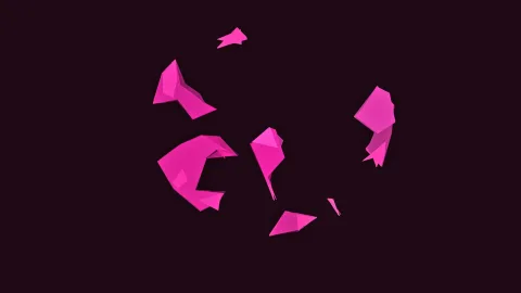 Mehrere kantige, pinkfarbene Fragmente schweben verstreut auf dunklem Hintergrund.