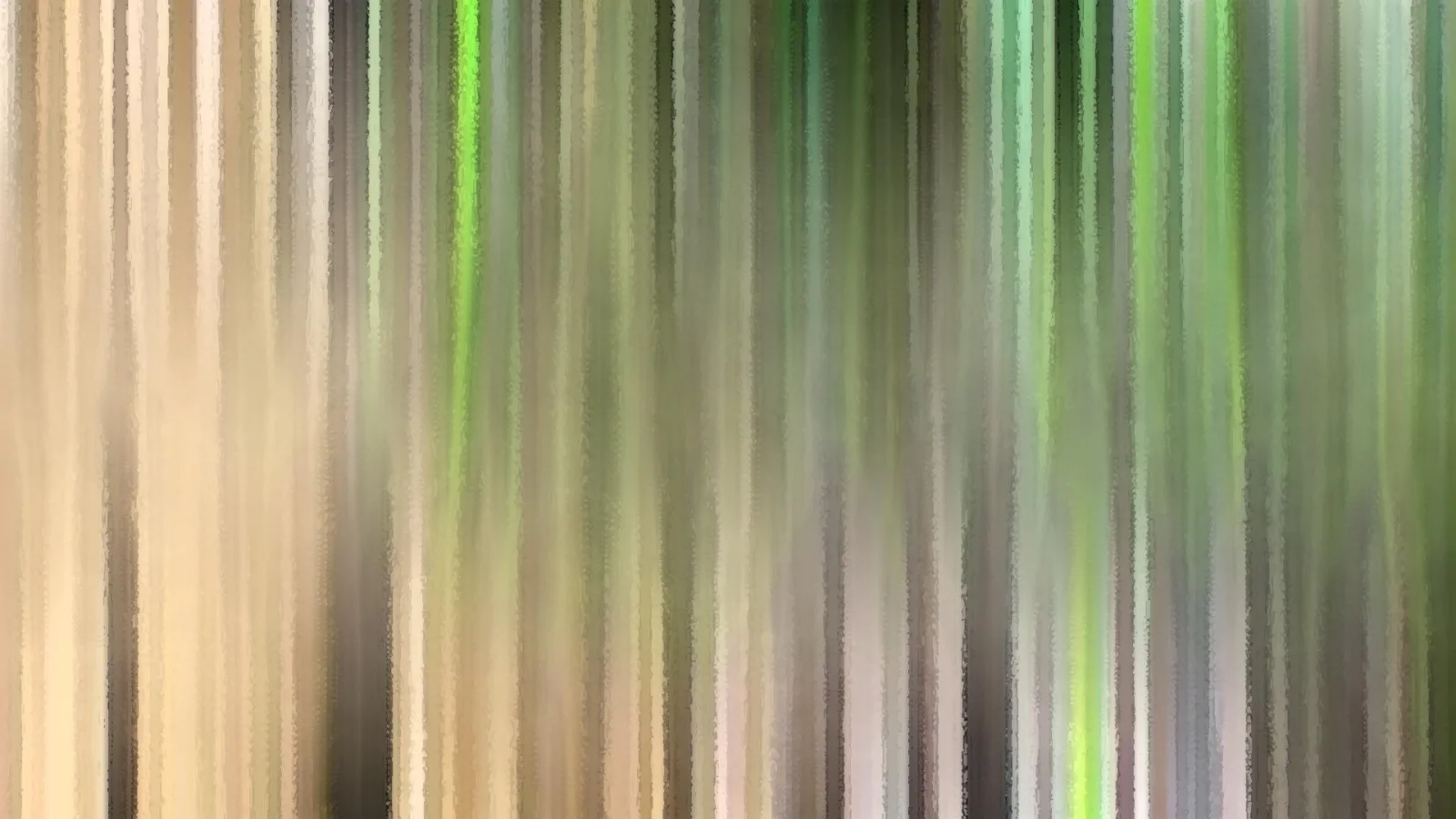 Abstrakte Komposition aus senkrechten, verwischten Streifen in Beige, Creme, Grau und Grün, mit hellen grünen Akzenten rechts.