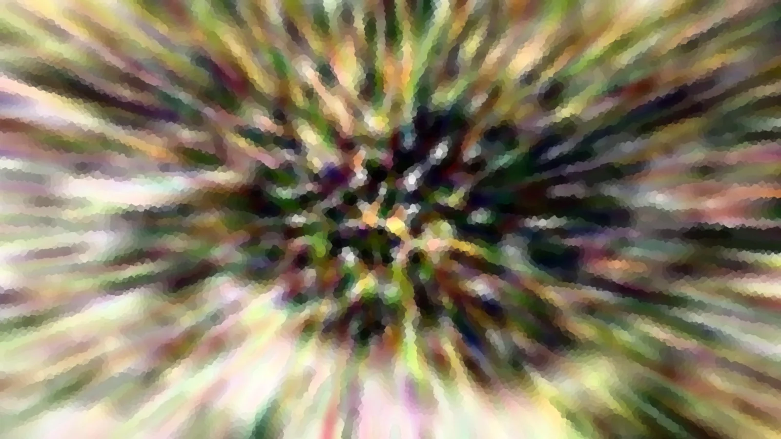 Abstrakte Komposition aus farbigen Streifen in Grün, Gelb, Violett und Rosa, die von einem dunklen Zentrum radial nach außen laufen, mit pixeligem Mosaikmuster.