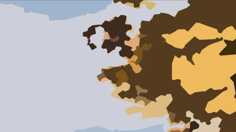Abstrakte Komposition aus braunen, ockerfarbenen und dunklen Flächen auf hellgrauem Grund, rechts dicht gedrängt, links leer.