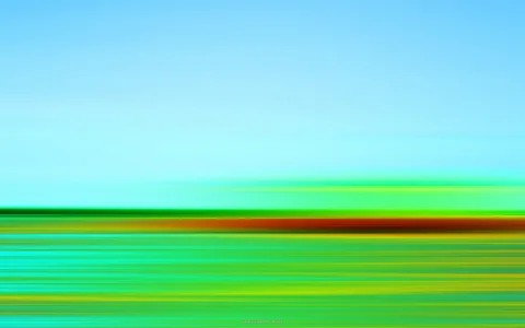 Horizontale, verwischte Streifen in Grün und Gelb unter hellblauem Himmel, durchzogen von einem rotbraunen Band.