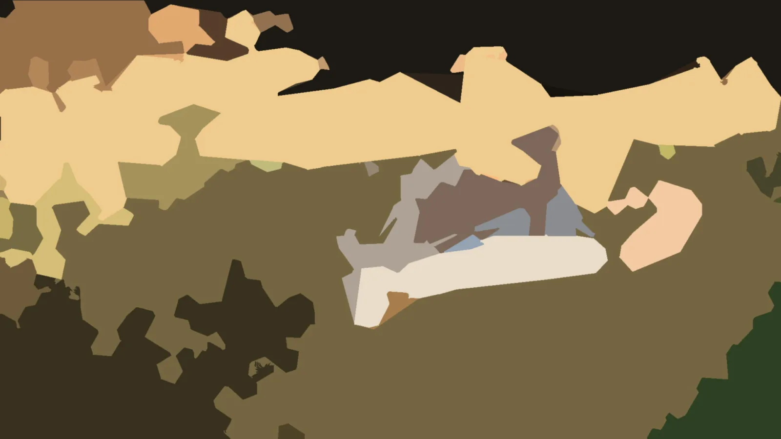 Abstrakte Komposition aus unregelmäßigen Farbflächen in Beige, Braun, Grau und Olivgrün, in der Mitte eine helle weiße Form.