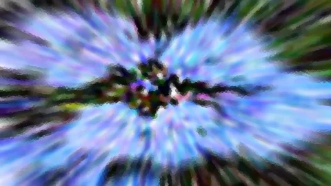 Abstrakte Komposition mit radialer Unschärfe in Blau, Lila und Grün, im Zentrum ein dunkler Knoten aus Formen.