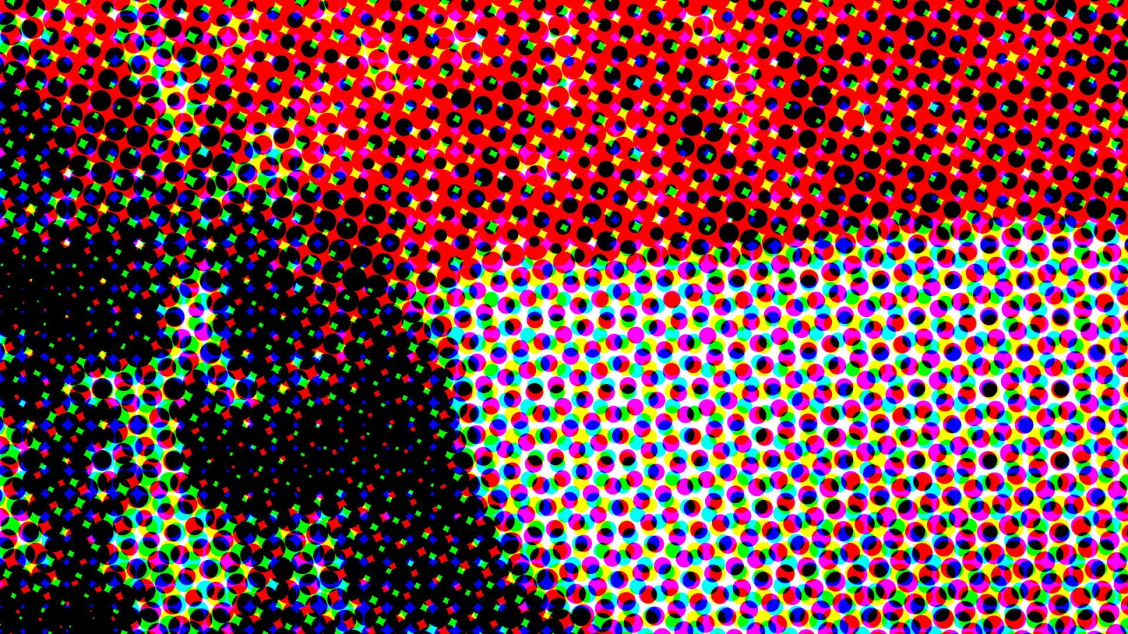 Abstraktes Muster aus farbigen Punkten in Rot, Schwarz, Grün, Blau und Weiß, oben dicht und rot, links unten fast schwarz.