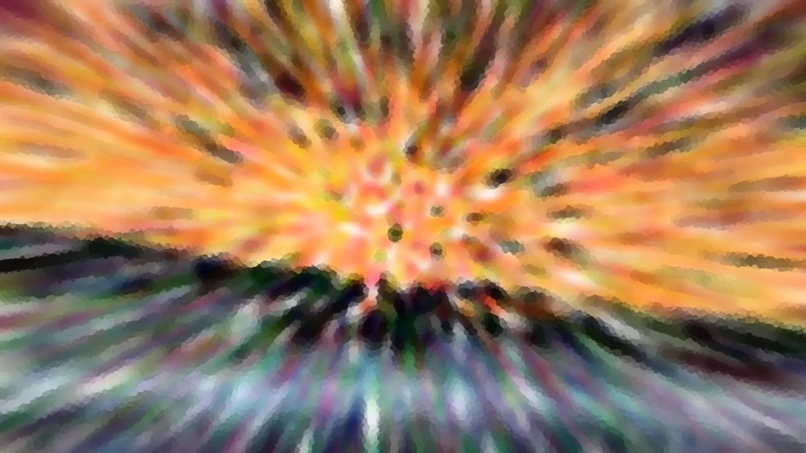 Abstraktes Bild mit orangefarbenen, gelben und grünen Strahlen, die von einem hellen Zentrum ausgehen, darunter dunkle Schemen am Horizont.