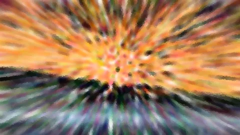 Abstraktes Bild mit orangefarbenen, gelben und grünen Strahlen, die von einem hellen Zentrum ausgehen, darunter dunkle Schemen am Horizont.