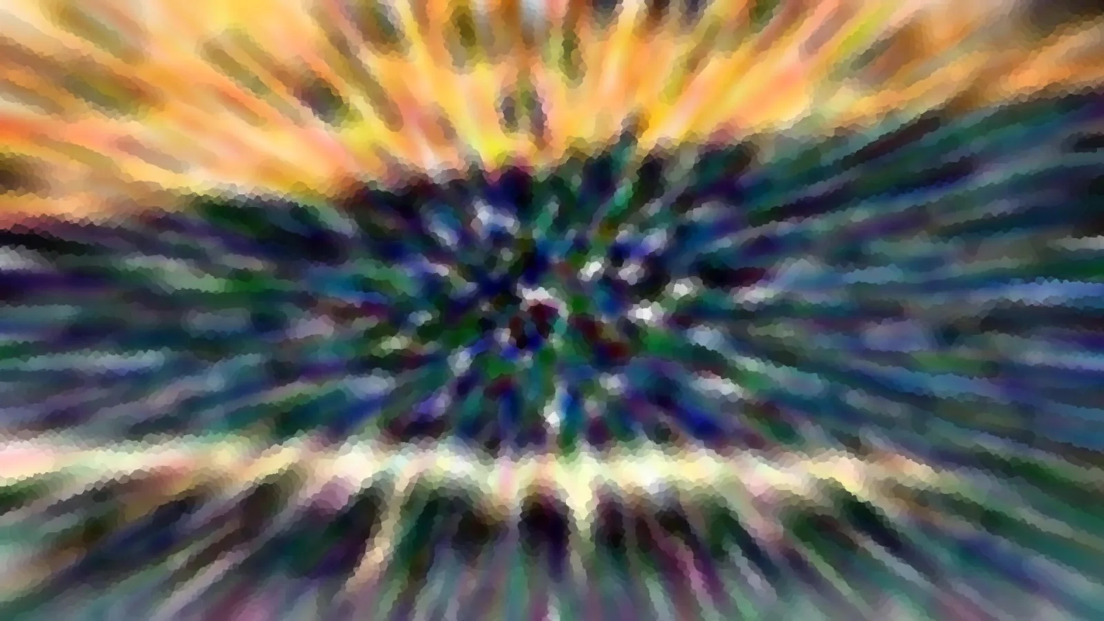 Abstrakte Komposition mit radialen Schlieren, die von einem dunklen Zentrum nach außen laufen; oben gelb und orange, in der Mitte blau, grün und violett, mit einem mosaikartigen Pixelraster.