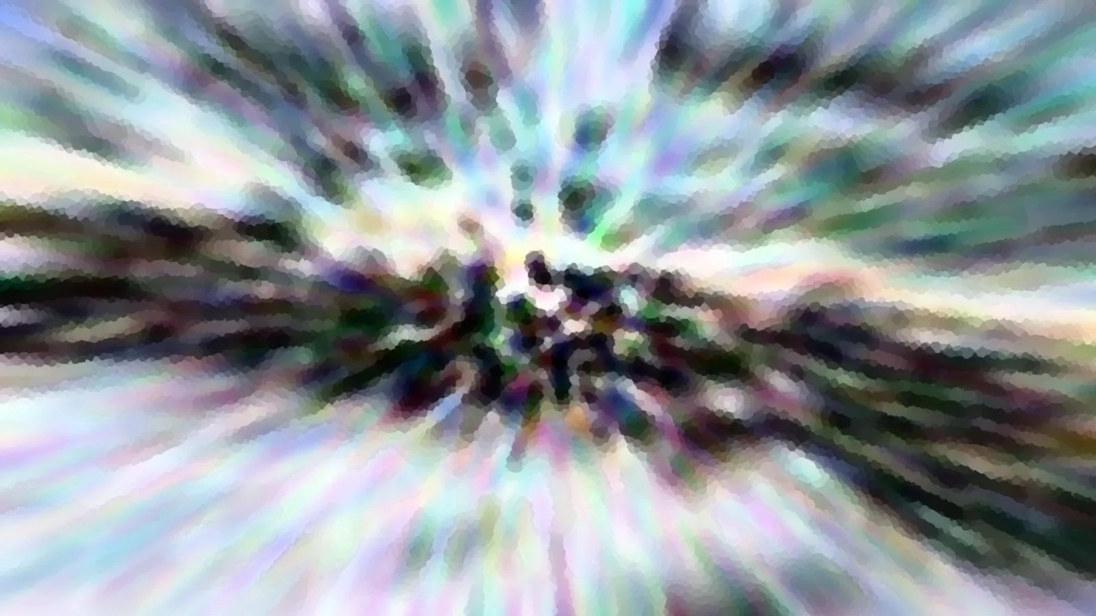 Abstrakte Komposition mit radialen Schlieren in Weiß, Grün, Lila und Blau, die von einem dunklen Zentrum nach außen strahlen, mosaikartig gepixelt.