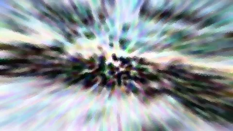 Abstrakte Komposition mit radialen Schlieren in Weiß, Grün, Lila und Blau, die von einem dunklen Zentrum nach außen strahlen, mosaikartig gepixelt.