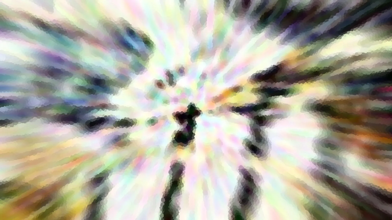 Abstrakte Komposition aus pastellfarbenen Streifen, die vom Zentrum radial nach außen laufen, mit einer dunklen Silhouette in der Bildmitte und pixeliger Struktur.