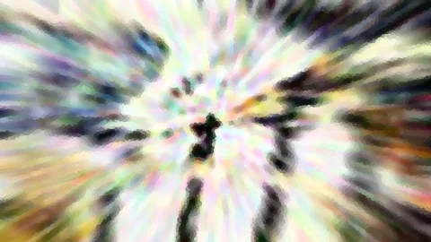 Abstrakte Komposition aus pastellfarbenen Streifen, die vom Zentrum radial nach außen laufen, mit einer dunklen Silhouette in der Bildmitte und pixeliger Struktur.