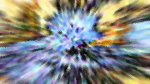 Abstraktes Bild mit radial von der Mitte nach außen verlaufenden Streifen in Blau, Violett, Gelb und Grün, unscharf und pixelig gemustert.
