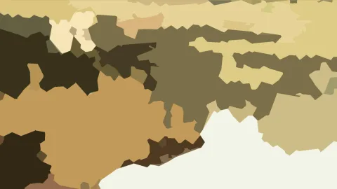 Abstrakte Komposition aus olivgrünen, ockerfarbenen, braunen und cremeweißen Flächen mit unregelmäßig gezackten Kanten.
