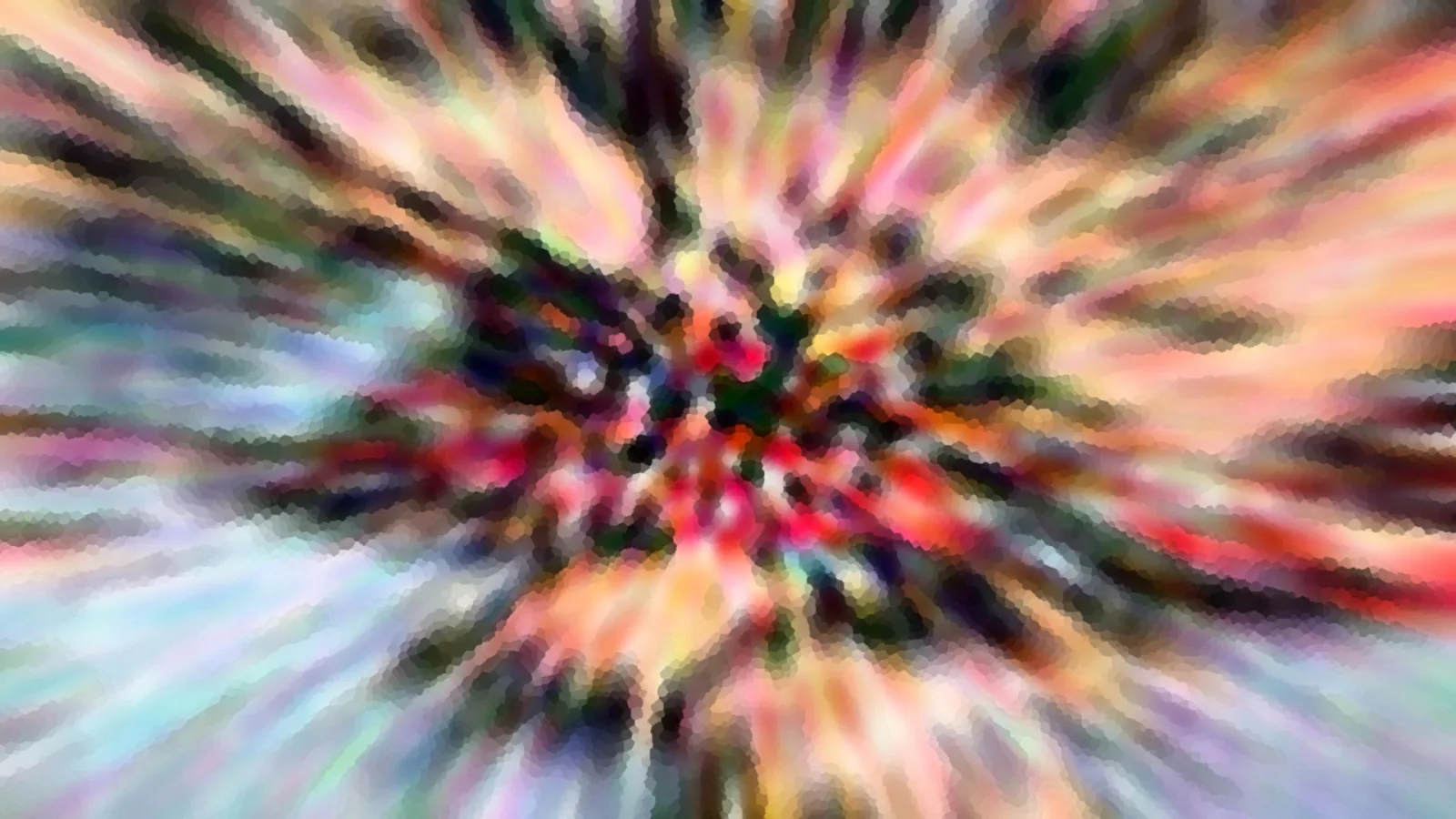 Abstrakte Komposition mit bunten Streifen, die von einem dunklen Zentrum radial nach außen laufen, in Rosa, Rot, Grün und Weiß, leicht verpixelt.
