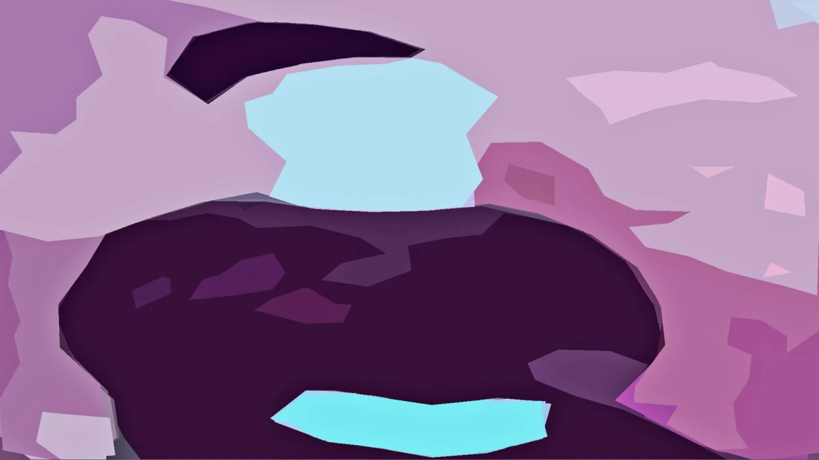 Abstrakte Komposition aus violetten, rosa und hellblauen Flächen, in der Mitte eine große dunkle Form und unten ein türkisfarbener Streifen.
