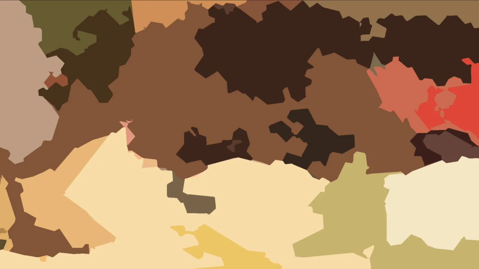 Abstrakte Komposition aus unregelmäßigen Flächen in Braun, Rot, Ocker, Creme und Olivgrün, dicht an dicht angeordnet.