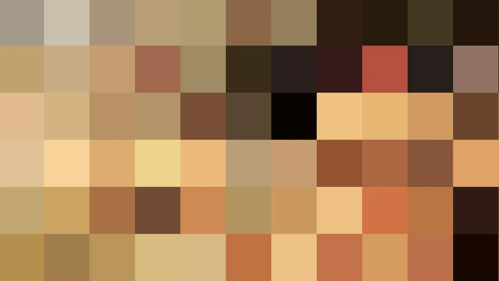 Quadratisches Pixelmosaik aus beigen, ockerfarbenen, braunen und schwarzen Feldern in einem Raster aus Zeilen und Spalten.