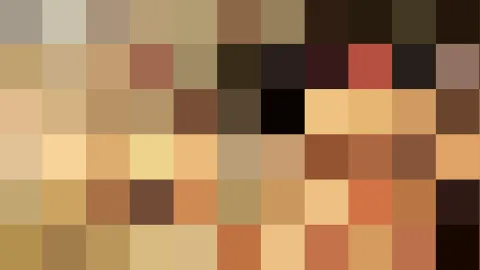 Quadratisches Pixelmosaik aus beigen, ockerfarbenen, braunen und schwarzen Feldern in einem Raster aus Zeilen und Spalten.