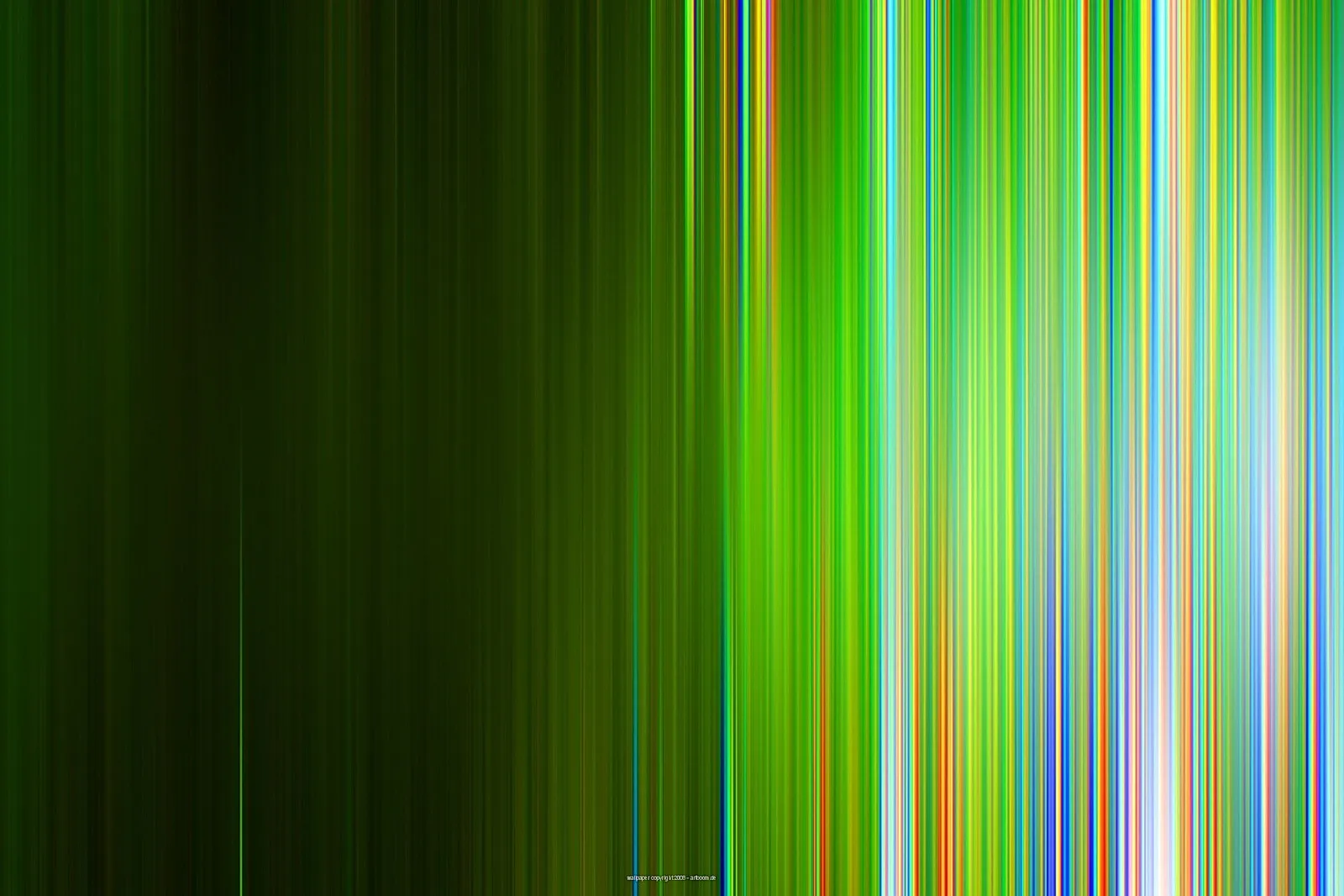 Abstrakte Komposition aus vertikalen Streifen in Grün, Blau, Orange und Weiß, links dunkel, rechts hell leuchtend.