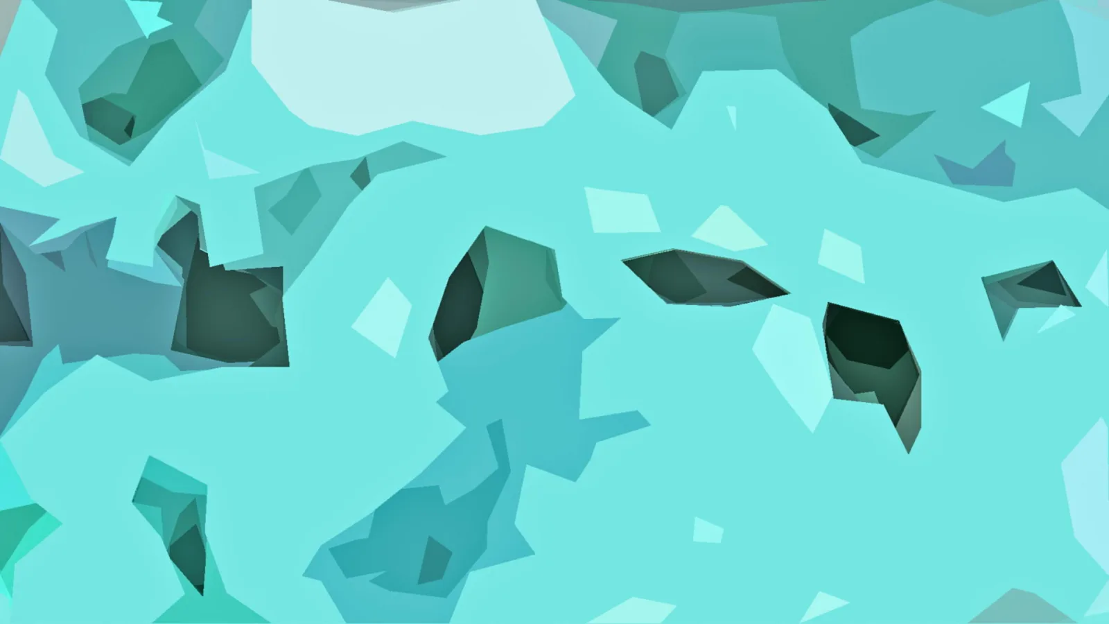 Abstrakte Komposition aus türkisfarbenen und dunkelgrünen flachen Formen mit scharfen Kanten.
