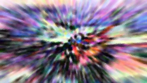 Abstrakte Komposition aus bunten, radial von der Mitte nach außen laufenden Streifen in Violett, Blau, Grün, Rot und Gelb, mit dunklen Flecken im Zentrum.