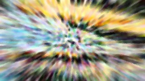 Abstraktes Bild mit radial von der Mitte nach außen laufenden Farbstrahlen in Gelb, Orange, Türkis, Grün und Violett, dazu eine pixelige Mosaikstruktur.
