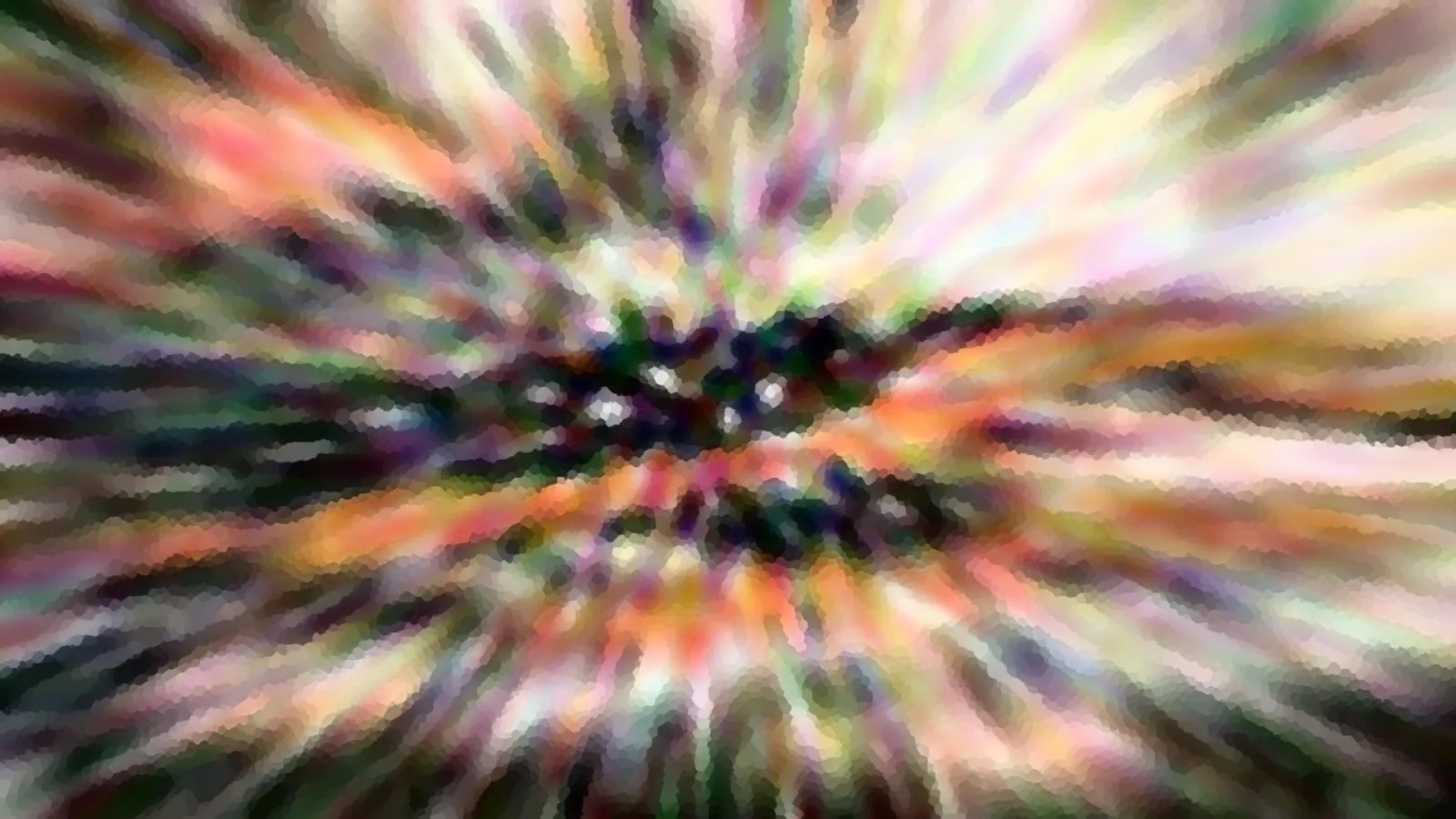 Abstrakte Komposition aus bunten, radial vom Zentrum ausstrahlenden Streifen in Rosa, Grün, Gelb und Violett, mit dunklem Kern und pixeligem Mosaikeffekt.