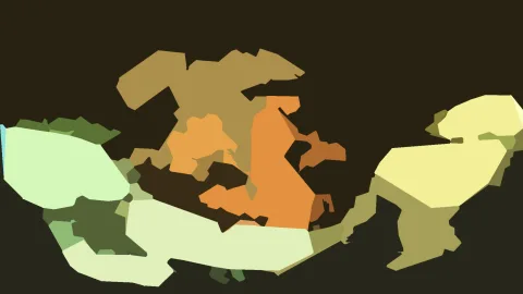 Abstrakte Komposition aus olivgrünen, orangen und gelben Flächen auf dunklem, fast schwarzem Hintergrund.