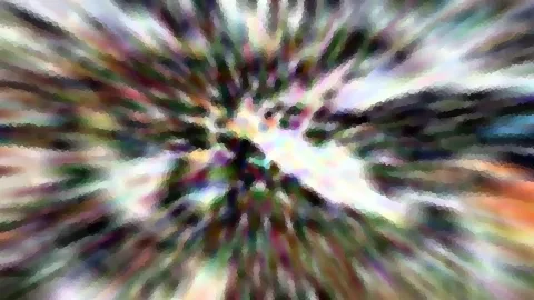 Abstrakte Komposition aus bunten Farbstreifen, die von einem hellen Zentrum radial nach außen laufen, mit mosaikartiger Pixelstruktur.