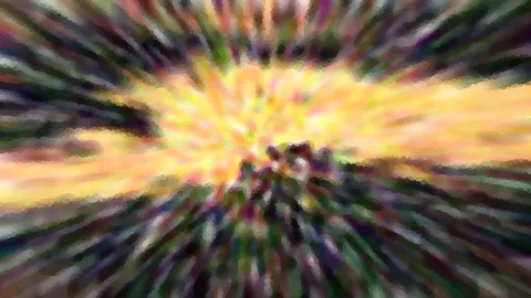 Abstrakte Komposition mit gelbem Zentrum und radial ausstrahlenden grünen, violetten und orangefarbenen Streifen.
