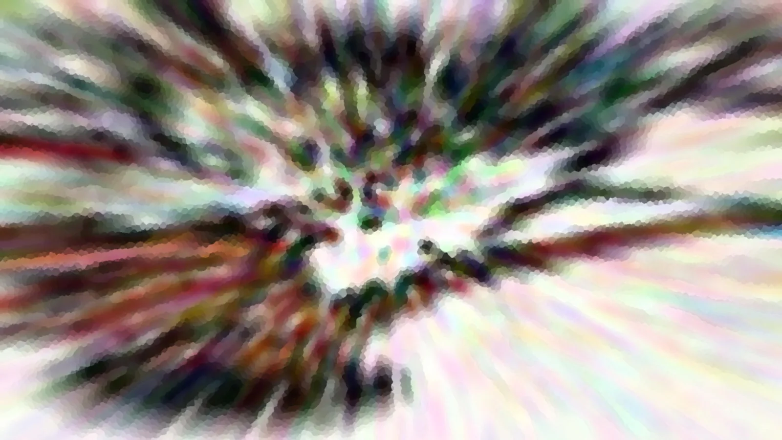 Abstrakte Komposition aus bunten, weichgezeichneten Streifen, die von einem hellen Zentrum radial nach außen laufen, mosaikartig gerastert.