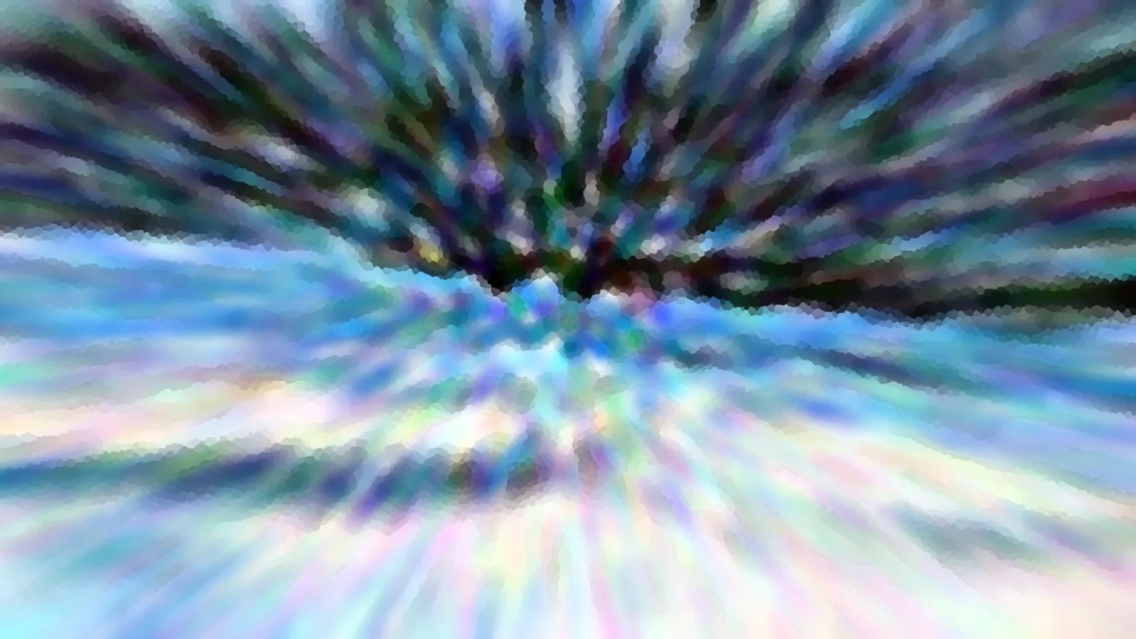 Abstrakte Komposition aus blauen, türkisen und violetten Streifen, die von einem Zentrum in der Bildmitte nach außen strahlen, mit dunklem Bereich oben und hellem Verlauf unten.